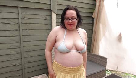 Sexy Wife in Yellow Miniskirt and Bikini Top with Big Boobs