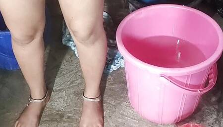 Honesty woman is crying while bathing in the