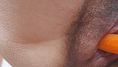 Amateur wife puts a naughty carrot in her pussy, hairy pussy, hairy ass, big tits, big nipples, long hair.