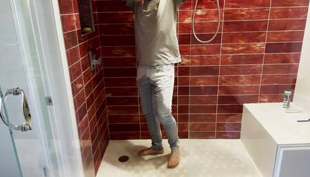 Barefoot in Jeans Pissing Myself and Showing Dick and Ball