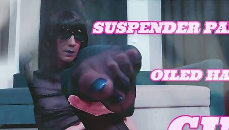 tulle suspender pantyhose-oiled handsfree cum