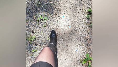 Naughty Sissy in leather outfit Public walk