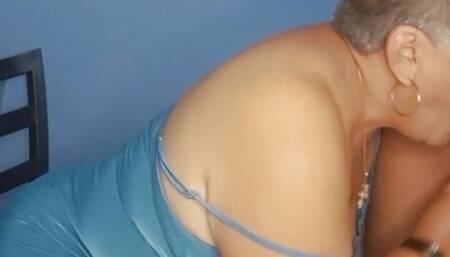 Filling the mouth of a perverted grandmother with milk, who sucks her deliciously