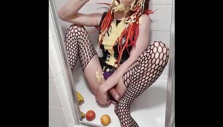 Sploshing Banana and Custard Pvc Dress Wank Cum and Anal Insertions
