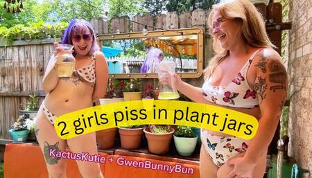 2 girls piss in plant jars