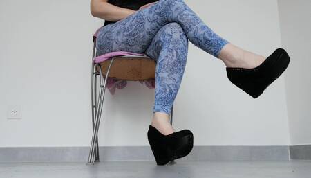 Toe Tapping Crossed Legs: Wedge Shoes, Light Blue Leggings, Small Feet