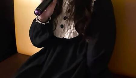 POV Japanese goth girl with remote sex toy in public downtown