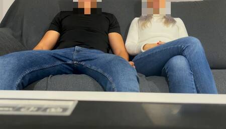 My girlfriend's friend gives me a very good blowjob in jeans while we wait for my girlfriend who is in the shower