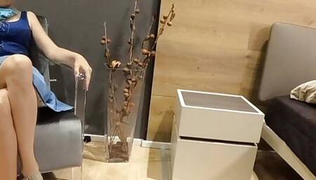 Crossed legs masturbation and orgasm in furniture store.
