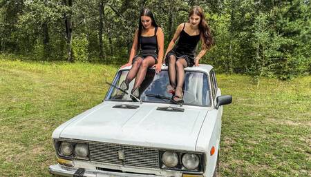 CRUSH CAR Two beautiful girls crush and broken a car with high heels