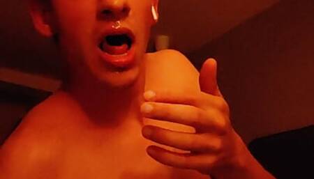 Loser in heels cums on his own face