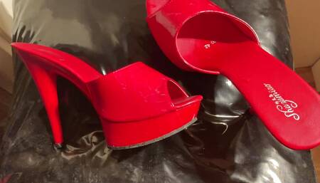 Cum on red mules to send them to heels lover
