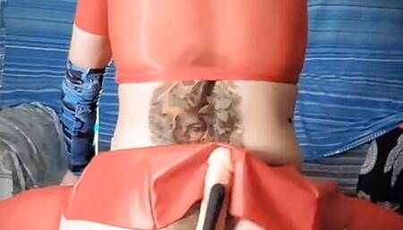 Dressed in my red mini red stockings and red top riding my big dildo with vibrating stick attached to a lovely big cum squirt