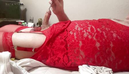 Crossdressing sissy stroking with stainless steel sounding rods