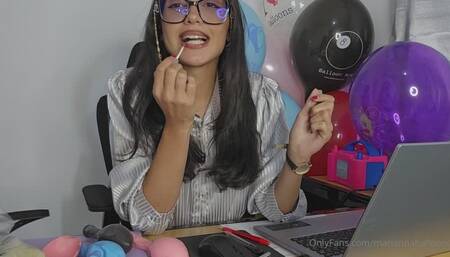 This super sexy secretary plays with her balloons, doing ride-to-pop and blow-to-pop in her office