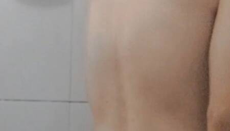 Tatted skinny guy pre and in shower jerking off