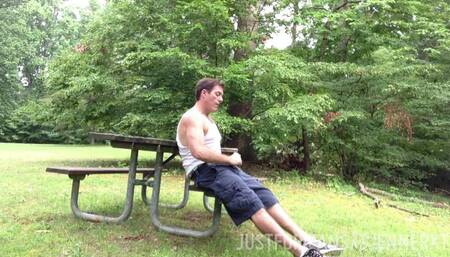 Here I am jacking off at the public park on the picnic table, standing sitting and cumming. Cargo shorts and boxers, wifebeater