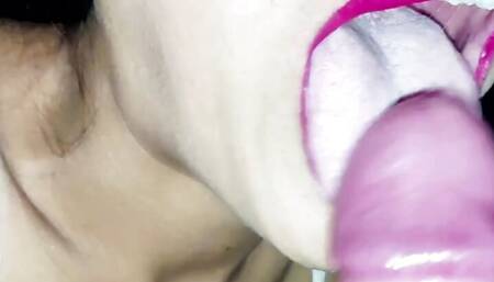 Red lipstick masked sucking and licking tasty cock and getting cum on her tongue