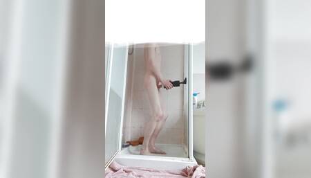 Hung bi chav shaggiing a sex toy while fully nude in the shower hard as fuck with big cum load
