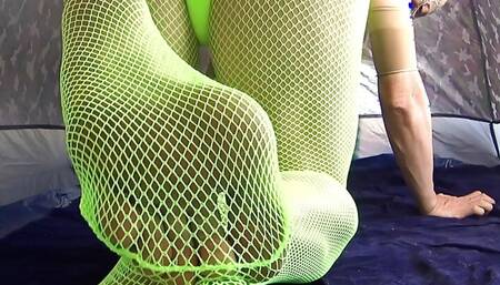 neon bodystocking tease in camp tent
