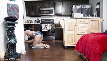 Goddess Aurora Willows Cleaning the Floor in Shorts, custom Order