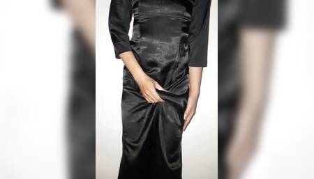 Asian Crossdresser Wearing Black Shiny Satin Long Dress