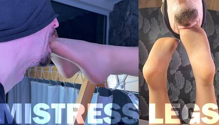 Foot slave licks and sucks Mistress's feet in lubricated flesh-colored pantyhose