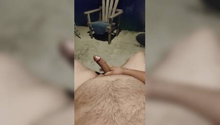 Stroking my hard cock on my patio. Huge cumshot.