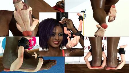 Gorgeous giant ebony woman stomping on little men during dance aerobics (clip part 2)