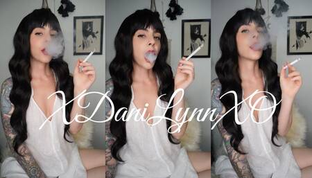 Smoking VS120s Wearing White Dress