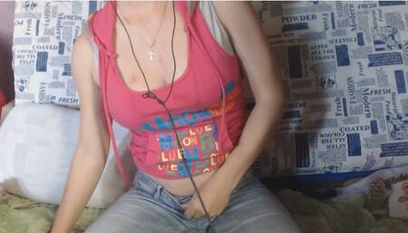 6Th monthes pregnant woman smelly farts and sniff her own farts, wearing jeans and t-shirt, Face included in the video