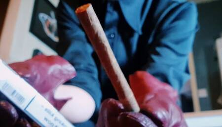 Smoking in vintage Leather gloves