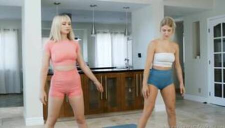 Lilly Bell and Jazlyn Ray in a kitchen lesbian workout then on a white bed lesbian