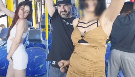 Naughty thigh hottie inside public transport and cums in her big ass