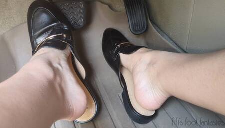 Fifi pedal pumping her SUV in loafer style mules then pink and reptile strap sandals *new*