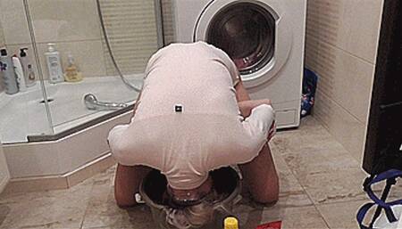 Blondie washes her hair in a big bucket! MP4