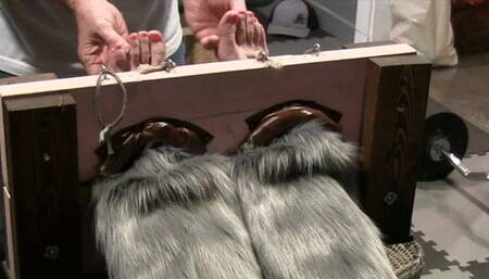 Pinky in for some up close foot tickling in the stocks! LOW