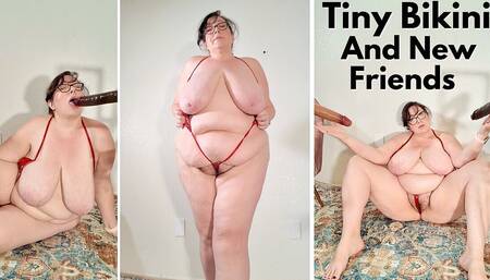BBW MILF in Tiny Bikini Blows Her 2 New Dildos