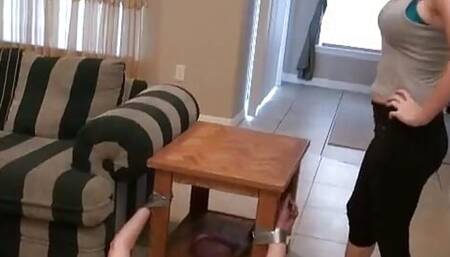 Submissive Slave with Cock Cage Worships Femdom's Feet