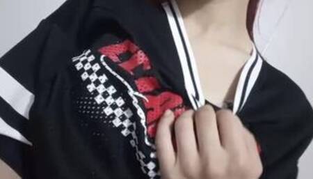 Shy Schoolgirl Show Her Tits in Public Toilet