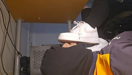 Ignored under desk shoe cleaning and foot worship