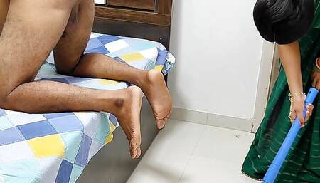 The house owner was naked and drying his dirt, the broom man was watching everything