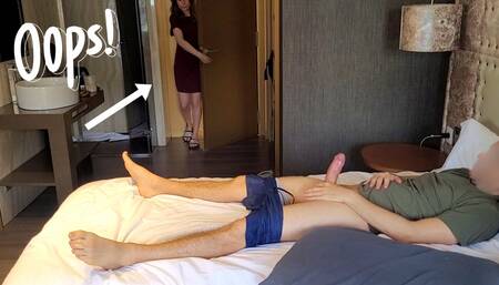 ROOM SERVICE! horny maid fucks hotel guest caught showing his hard cock