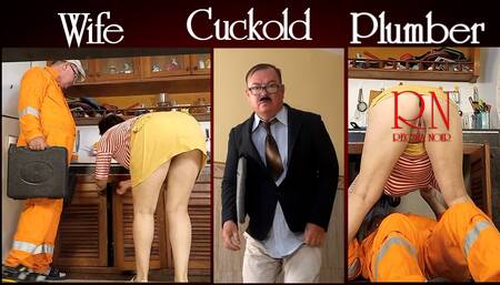 Housewife, plumber and cuckold husband at the kitchen. Scene 1