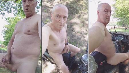 Grandpa Daddy Exhibitionist Naked Motorbike Cruising in Wood Cumshot Sexshow
