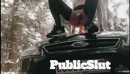 public slut Luna Green fuck her dildo on car and exposed herself