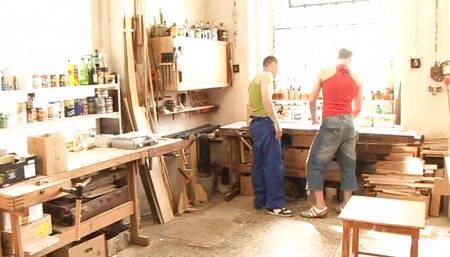 Gay sex in the shower and then in the workshop