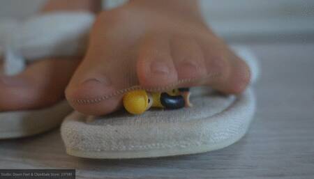 Tiny Slave caught between my nylon stinky foot and sandal while trampling his face as giantess