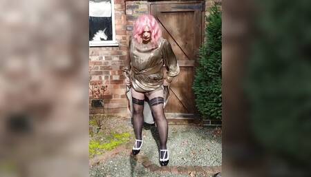 Hot crossdresser in gold metallic dress