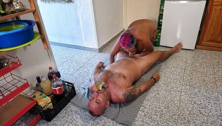 Husband Lying on His Back Trying Piss and Cum Through a Funnel